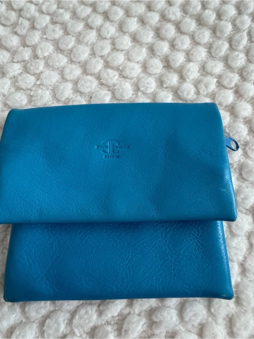 Blue Fold-Over Leather Clutch with Embossed Logo